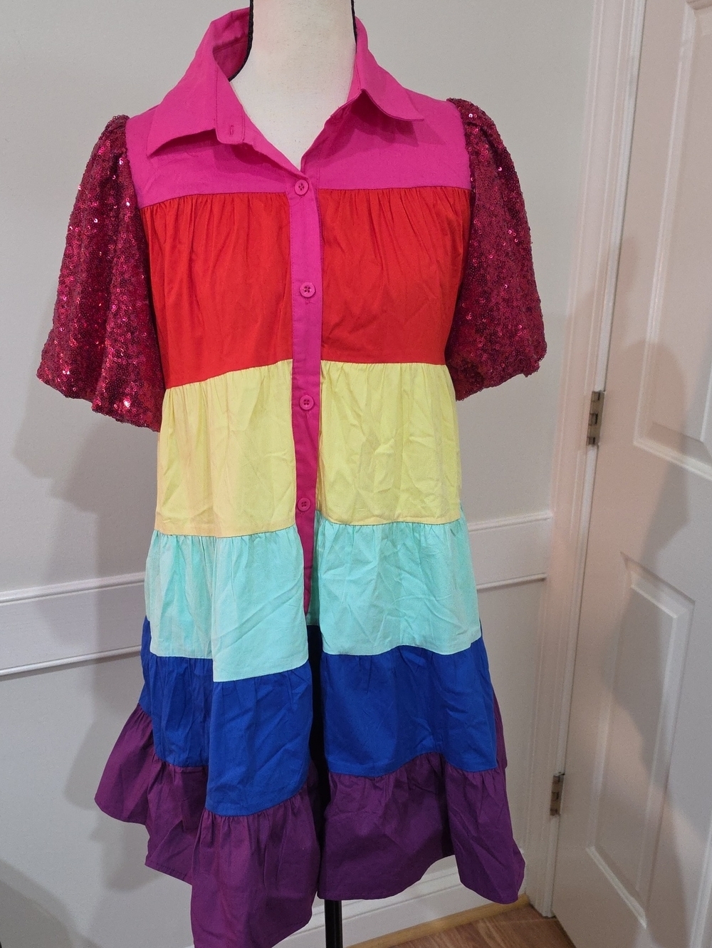Blue B Collection Rainbow Sequin Sleeve Tiered Dress - Size Small
